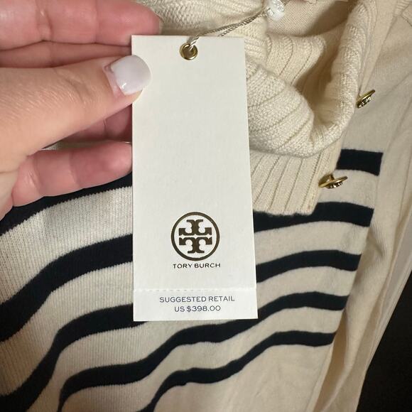 NEW Tory Burch Sandra Cream Striped Turtleneck Cowl Cashmere Sweater Size Small - Picture 8 of 14